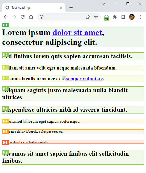 Screenshot of Headings tab of Perseo Chrome Extension